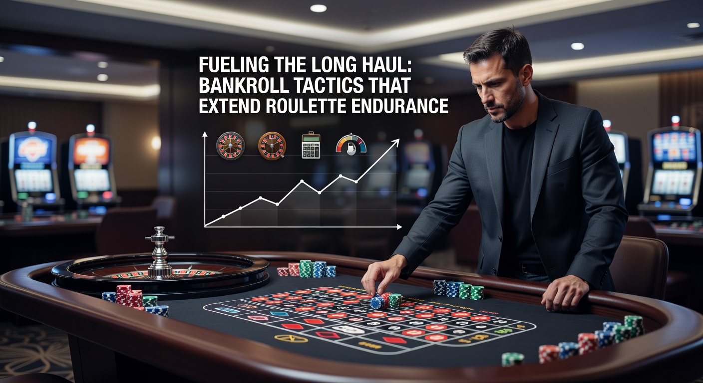 Ein Roulette-Tisch mit Stapeln von Chips, die eine stabile Bankroll symbolisieren, während der Croupier das Rad dreht