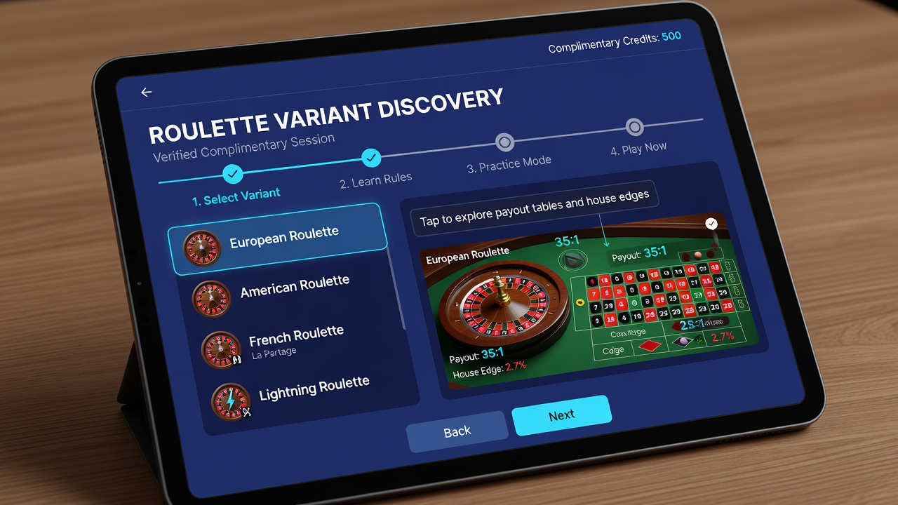 Detailansicht einer mobilen Roulette App mit Varianten Discovery Tools und Fortschrittsanzeige