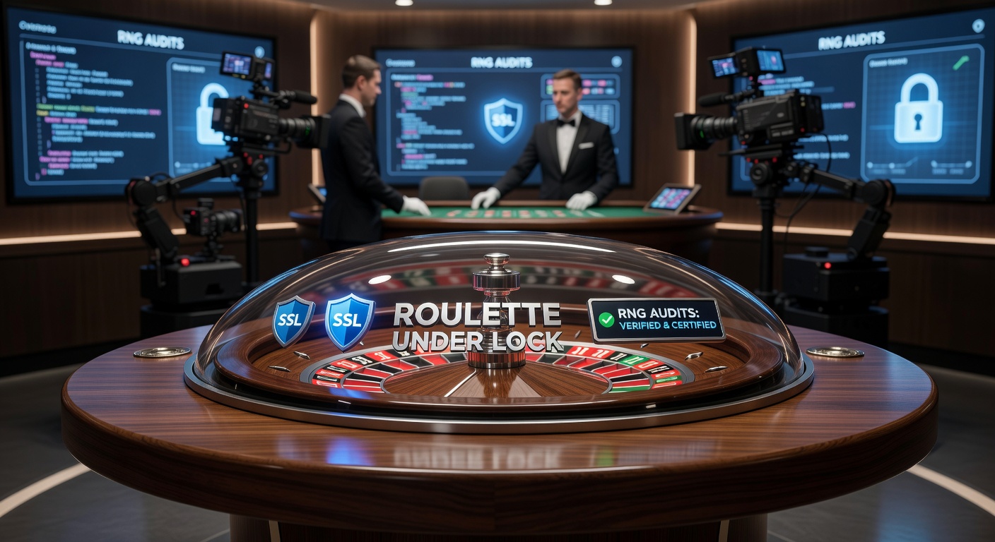 Nahaufnahme eines Roulette-Rads mit überlagerten RNG-Daten und SSL-Symbolen, die Fairness in Live-Sessions illustrieren