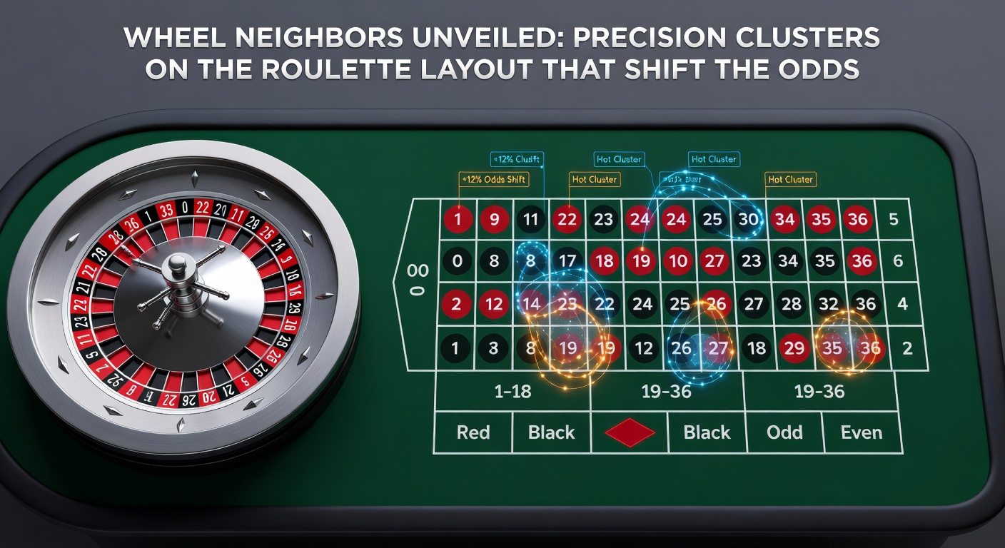 Detaillierte Grafik der Wheel Neighbors-Bets auf einem europäischen Roulette-Rad mit markierten Clustern und Trefferwahrscheinlichkeiten